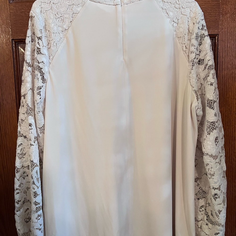 Susan Graver Cream Lace-Sleeve Mock Neck Top - Picture 3 of 7